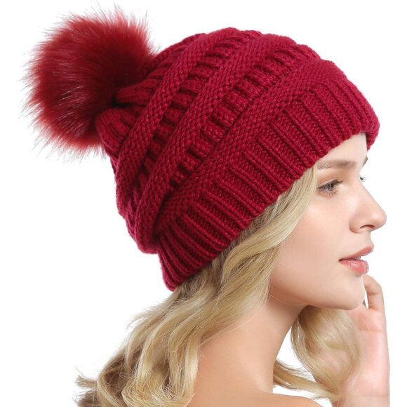 Women Red Soft Acrylic Thick Slouchy Baggy Knit Winter Faux Fur Pompom Beanie - Picture 4 of 6